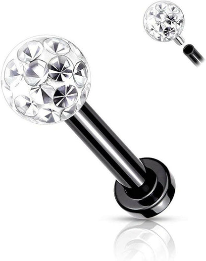 Surgical Steel Internally Threaded Epoxy Covered Crystal Paved Ball Top Flat Back Studs for Labret Monroe Cartilage Labret Impulse Piercings Black