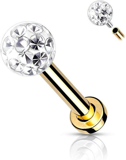 Surgical Steel Internally Threaded Epoxy Covered Crystal Paved Ball Top Flat Back Studs for Labret Monroe Cartilage Labret Impulse Piercings Gold