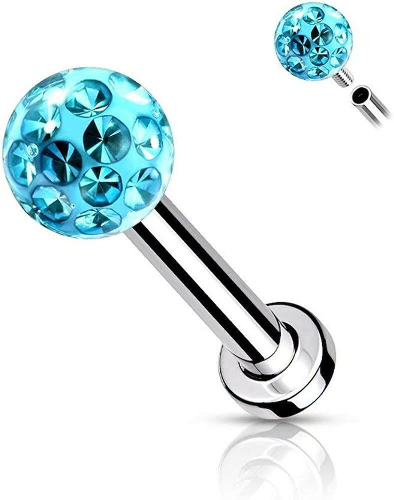 Surgical Steel Internally Threaded Epoxy Covered Crystal Paved Ball Top Flat Back Studs for Labret Monroe Cartilage Labret Impulse Piercings Aqua