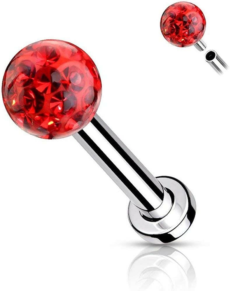 Surgical Steel Internally Threaded Epoxy Covered Crystal Paved Ball Top Flat Back Studs for Labret Monroe Cartilage Labret Impulse Piercings Red