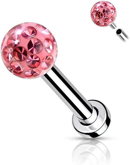 Surgical Steel Internally Threaded Epoxy Covered Crystal Paved Ball Top Flat Back Studs for Labret Monroe Cartilage Labret Impulse Piercings Pink