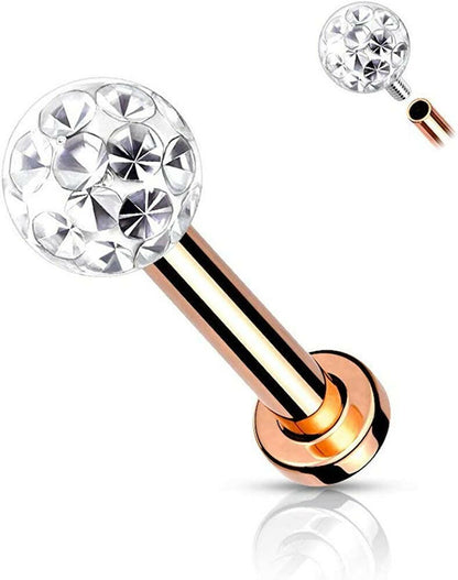 Surgical Steel Internally Threaded Epoxy Covered Crystal Paved Ball Top Flat Back Studs for Labret Monroe Cartilage Labret Impulse Piercings Rose Gold