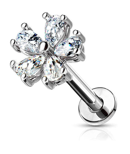 Surgical Steel Internally Threaded Five Pear CZ Petal Flower Flat Back Studs for Labret Monroe Ear Cartilage Labret Impulse Piercings 16GA Length: 6mm Clear