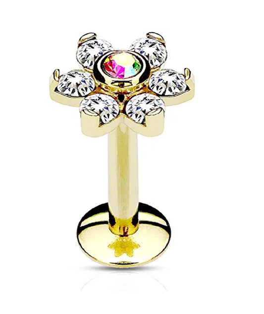 Surgical Steel Internally Threaded IP Over All 6-Gem Flower Top Labret Monroe Cartilage Studs Labret Impulse Piercings 16GA Length: 6mm Gold