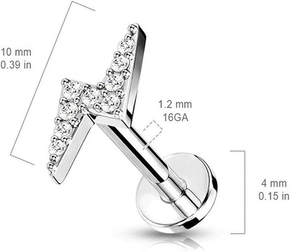 Surgical Steel Internally Threaded Lightning Bolt Paved with Round CZ Top Flat Back Stud for Labret Monroe Cartilage Labret Impulse Piercings