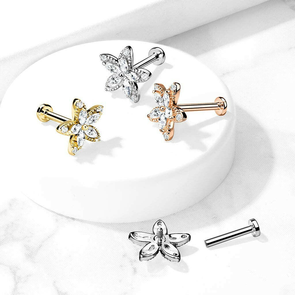 Surgical Steel Internally Threaded Marquise CZ Flower Top on Flat Back Stud for Labret Monroe Cartilage Labret Impulse Piercings