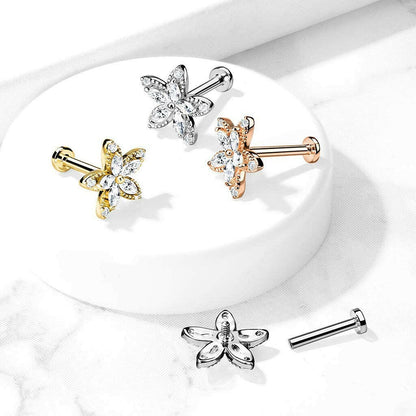 Surgical Steel Internally Threaded Marquise CZ Flower Top on Flat Back Stud for Labret Monroe Cartilage Labret Impulse Piercings