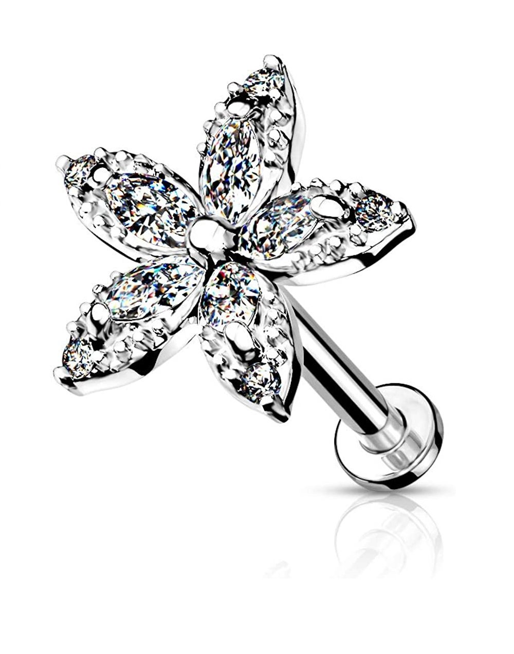 Surgical Steel Internally Threaded Marquise CZ Flower Top on Flat Back Stud for Labret Monroe Cartilage Labret Impulse Piercings 16GA Length: 6mm Clear