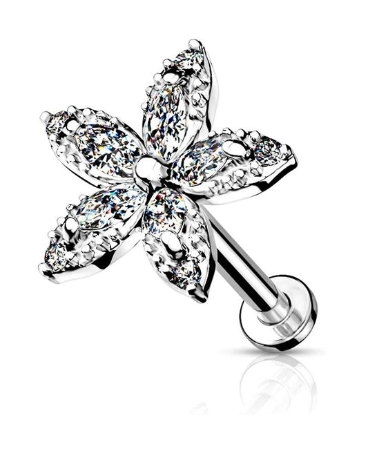 Surgical Steel Internally Threaded Marquise CZ Flower Top on Flat Back Stud for Labret Monroe Cartilage Labret Impulse Piercings 16GA Length: 6mm Clear