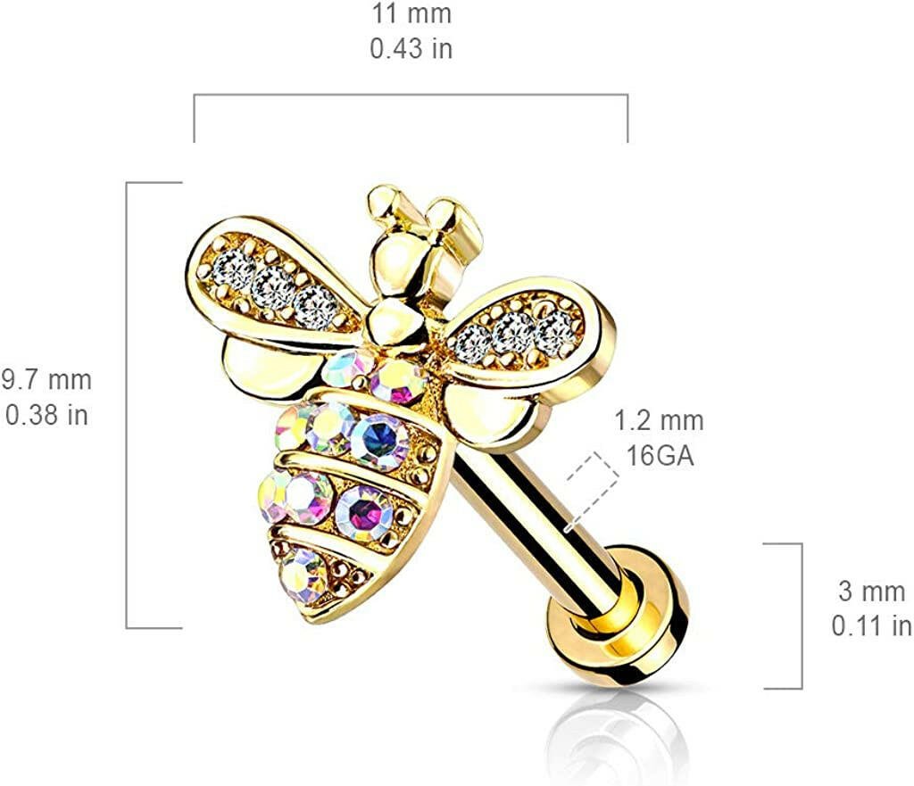 Surgical Steel Internally Threaded Micro CZ Paved Bee with AB Crystals on Flat Back Stud for Labret Monroe Cartilage Labret Impulse Piercings