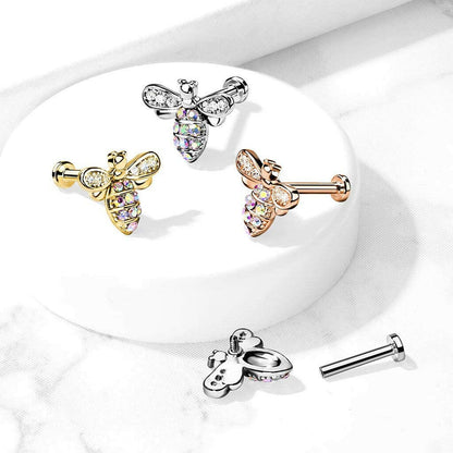 Surgical Steel Internally Threaded Micro CZ Paved Bee with AB Crystals on Flat Back Stud for Labret Monroe Cartilage Labret Impulse Piercings