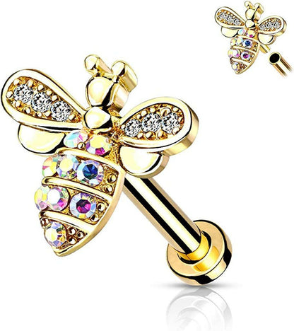 Surgical Steel Internally Threaded Micro CZ Paved Bee with AB Crystals on Flat Back Stud for Labret Monroe Cartilage Labret Impulse Piercings 16GA Length: 6mm Gold