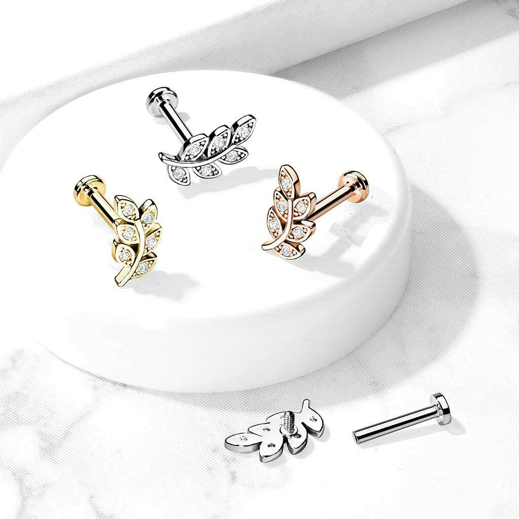 Surgical Steel Internally Threaded Micro CZ Paved Leaf Top on Flat Back Stud for Labret Monroe Cartilage Labret Impulse Piercings