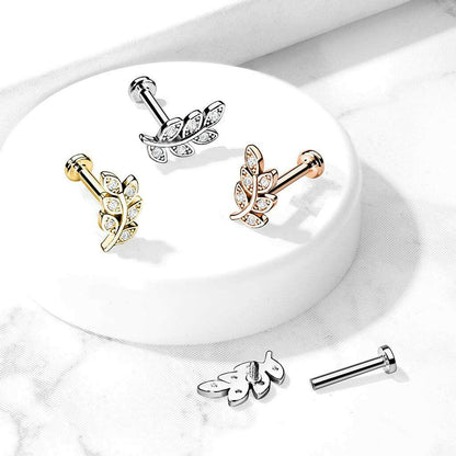 Surgical Steel Internally Threaded Micro CZ Paved Leaf Top on Flat Back Stud for Labret Monroe Cartilage Labret Impulse Piercings