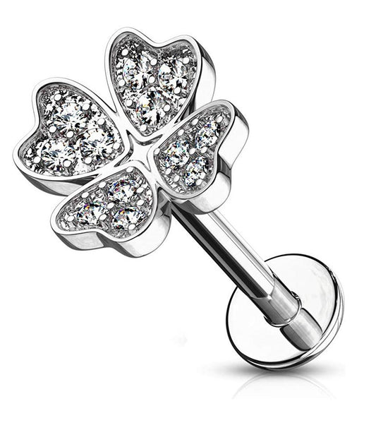 Surgical Steel Internally Threaded Micro CZ Paved Shamrock Top Flat Back Studs for Labret Monroe Ear Cartilage Labret Impulse Piercings 16GA Length: 6mm Clear