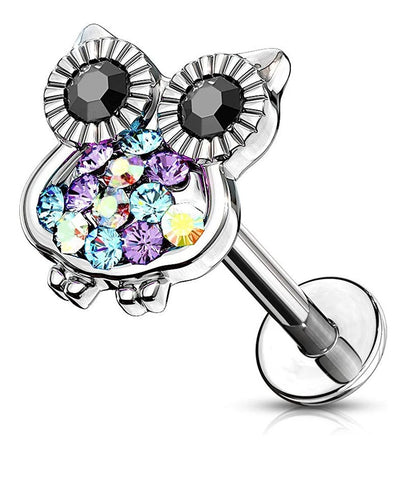 Surgical Steel Internally Threaded Multi Color Gemmed Owl Top Labret Monroe Ear Cartilage Studs Labret Impulse Piercings 16GA Length: 6mm Steel