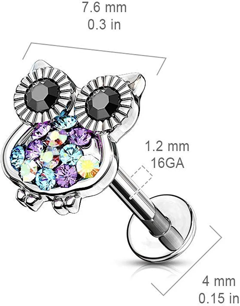 Surgical Steel Internally Threaded Multi Color Gemmed Owl Top Labret Monroe Ear Cartilage Studs Labret Impulse Piercings