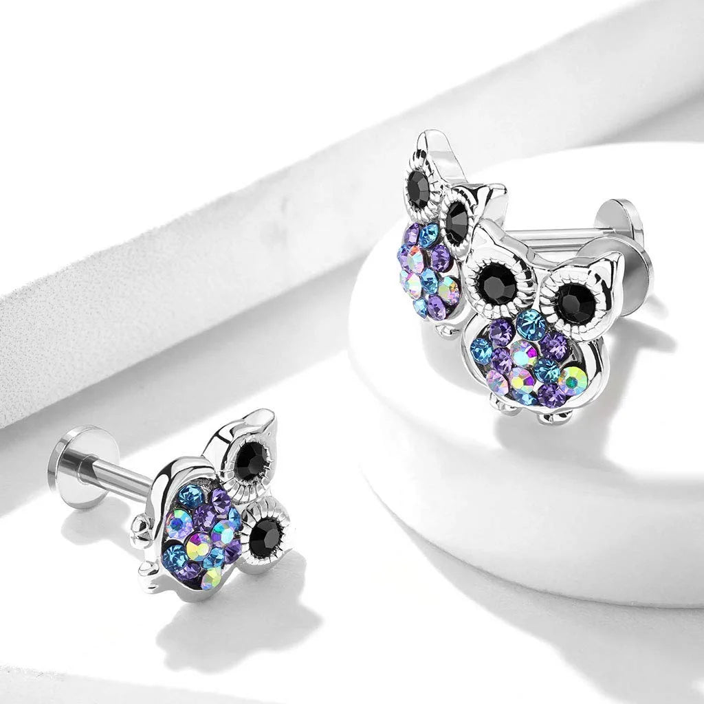 Surgical Steel Internally Threaded Multi Color Gemmed Owl Top Labret Monroe Ear Cartilage Studs Labret Impulse Piercings