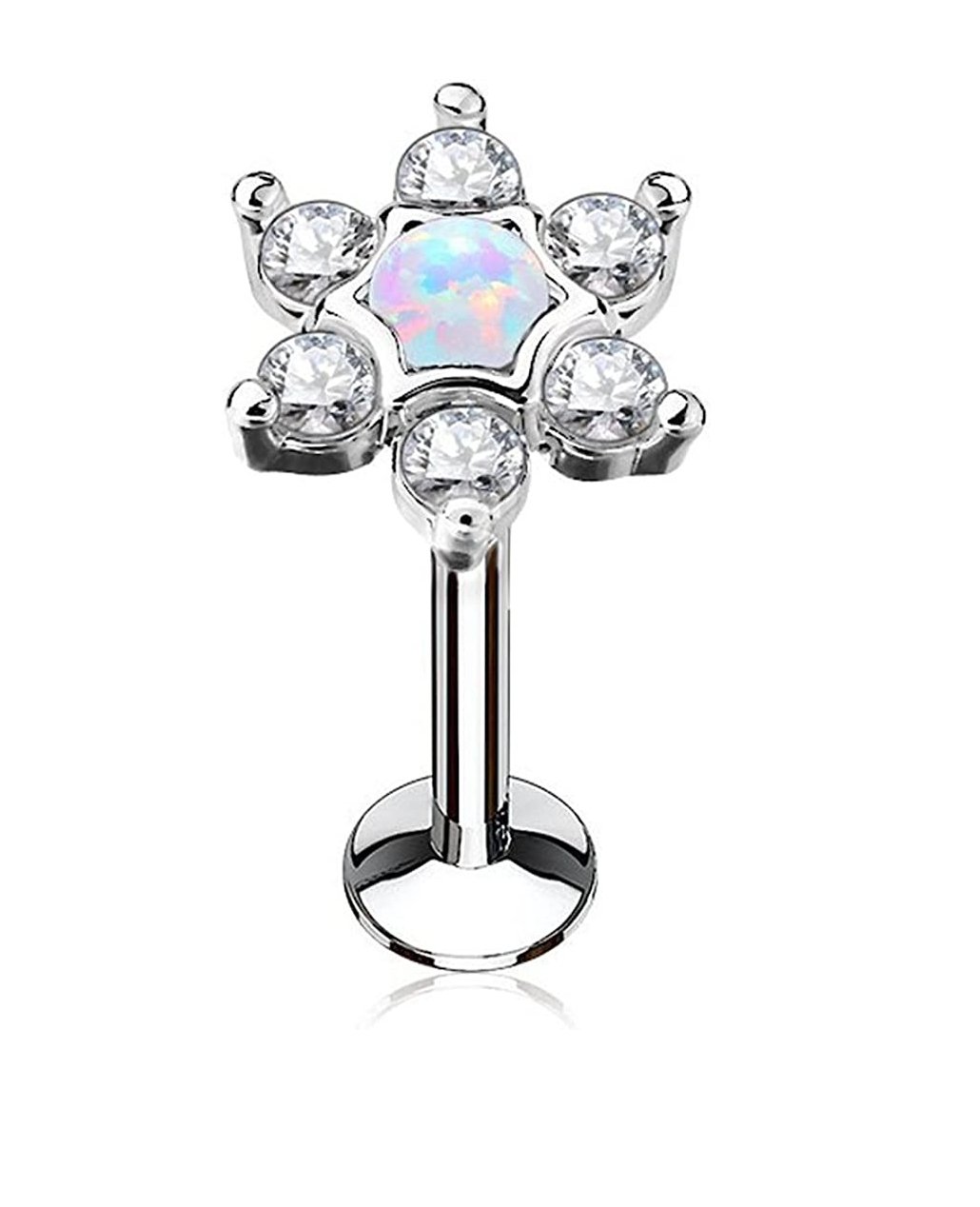 Surgical Steel Internally threaded Opal Centered CZ Star Top Labret Monroe Cartilage Studs Labret Impulse Piercings 16GA Length: 6mm White