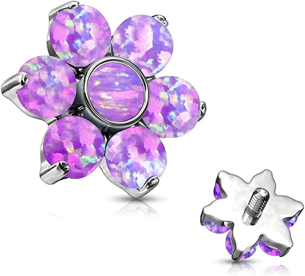 Surgical Steel Internally Threaded Opal Flower Top Parts For Labret Dermal Labret Impulse Piercings 16GA Ball Size: 6mm Purple