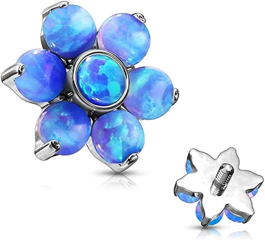 Surgical Steel Internally Threaded Opal Flower Top Parts For Labret Dermal Labret Impulse Piercings 16GA Ball Size: 6mm Blue