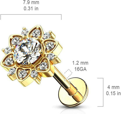 Surgical Steel Internally Threaded Paved CZ Flower with Round CZ Center Flat Back Studs for Labret Monroe Ear Cartilage Labret Impulse Piercings