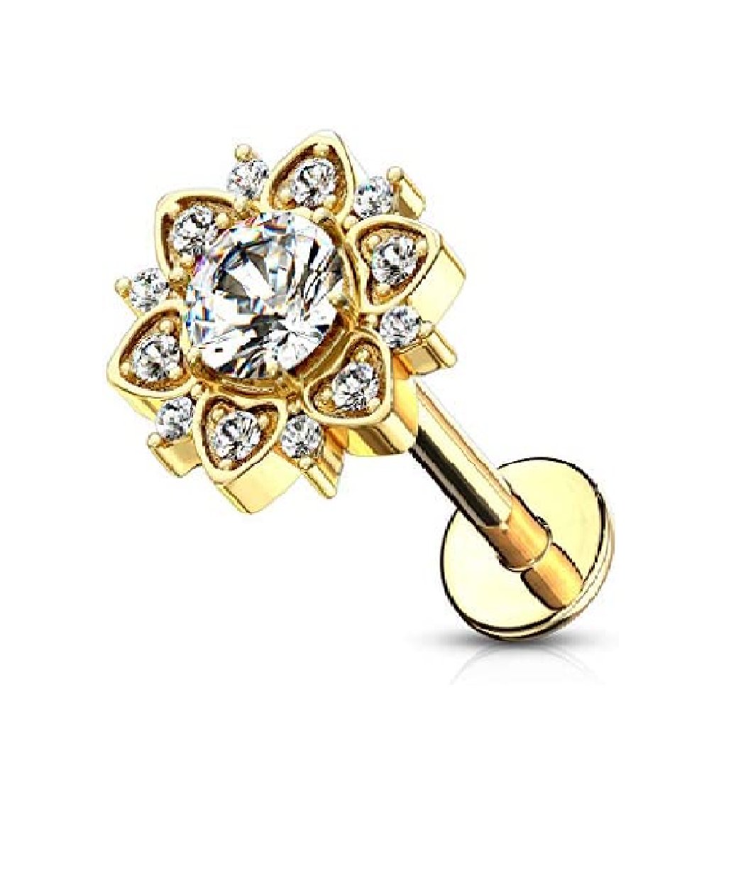 Surgical Steel Internally Threaded Paved CZ Flower with Round CZ Center Flat Back Studs for Labret Monroe Ear Cartilage Labret Impulse Piercings 16GA Length: 6mm Gold