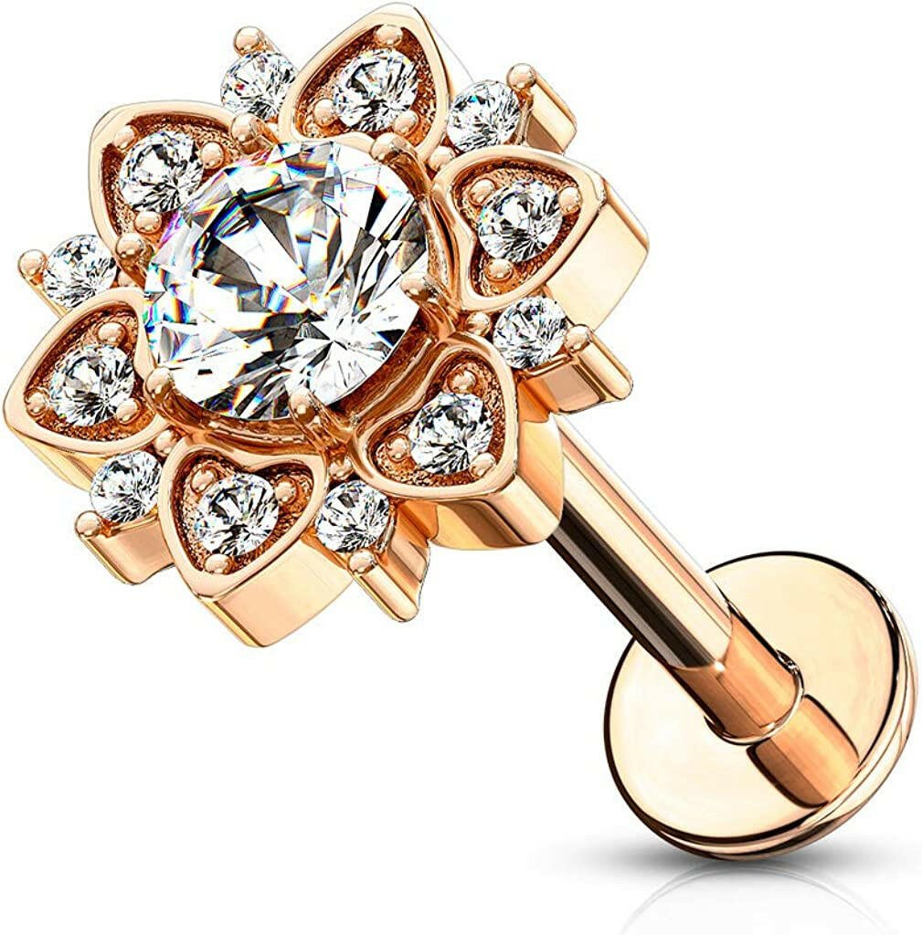 Surgical Steel Internally Threaded Paved CZ Flower with Round CZ Center Flat Back Studs for Labret Monroe Ear Cartilage Labret Impulse Piercings 16GA Length: 6mm Rose Gold