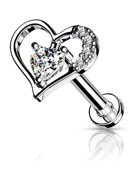 Surgical Steel Internally Threaded Paved Heart Contour with Heart CZ Solitaire on Flat Back Stud for Labret Monroe Cartilage Labret Impulse Piercings 16GA Length: 6mm Clear