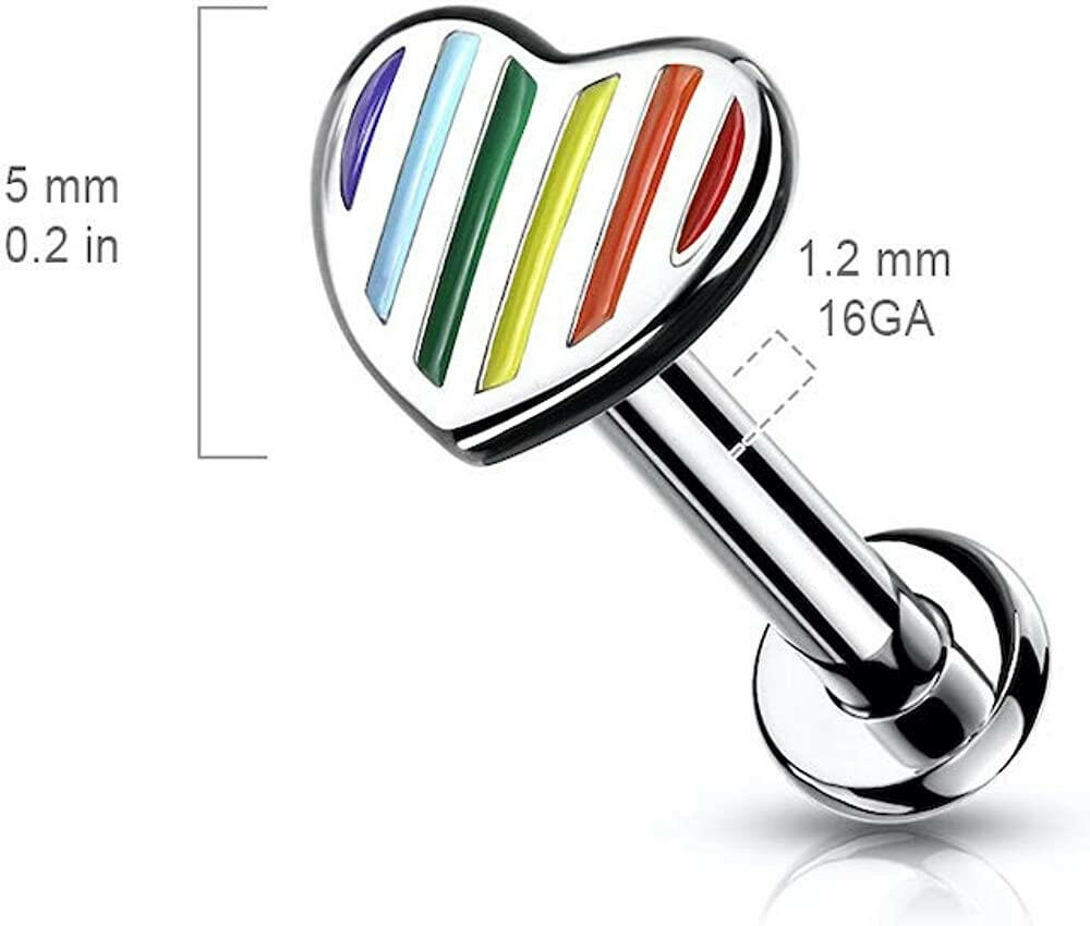 Surgical Steel Internally Threaded Rainbow Striped Heart Top Flat Back Studs for Labret Monroe Ear Cartilage Cartilage Earring Impulse Piercings