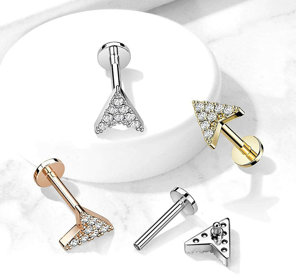 Surgical Steel Internally Threaded Round CZ Paved Chevron Arrow Top Flat Back Stud for Labret Monroe Cartilage Labret Impulse Piercings