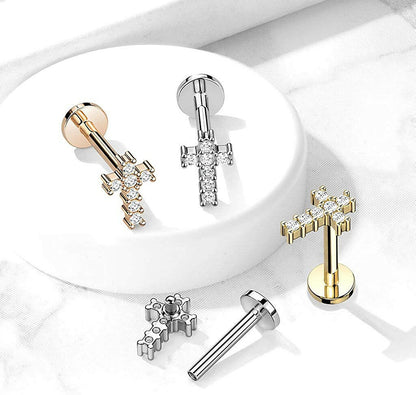 Surgical Steel Internally Threaded Round CZ Paved Cross Top Flat Back Stud for Labret Monroe Cartilage Labret Impulse Piercings