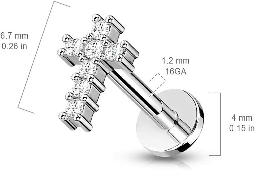 Surgical Steel Internally Threaded Round CZ Paved Cross Top Flat Back Stud for Labret Monroe Cartilage Labret Impulse Piercings