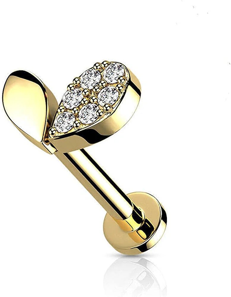 Surgical Steel Internally Threaded Sprout Heart with CZ Top Flat Back Stud for Labret Monroe Cartilage Labret Impulse Piercings 16GA Length: 6mm Gold