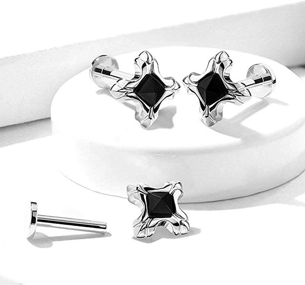 Surgical Steel Internally Threaded Tribal Square with Black Square Pyramid Crystal Labret Monroe Ear Cartilage Studs Labret Impulse Piercings