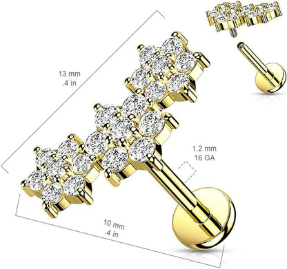 Surgical Steel Internally Threaded Triple CZ Flower Cluster Top Flat Back Stud for Labret Monroe Cartilage Labret Impulse Piercings