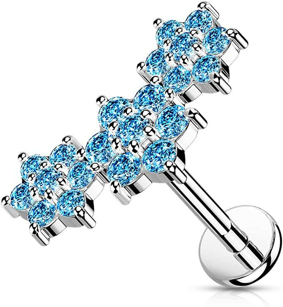 Surgical Steel Internally Threaded Triple CZ Flower Cluster Top Flat Back Stud for Labret Monroe Cartilage Labret Impulse Piercings 16GA Length: 6mm Aqua