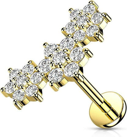 Surgical Steel Internally Threaded Triple CZ Flower Cluster Top Flat Back Stud for Labret Monroe Cartilage Labret Impulse Piercings 16GA Length: 6mm Gold