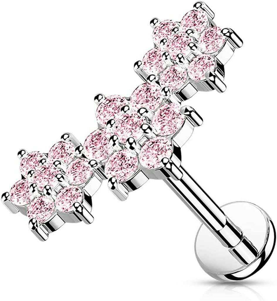 Surgical Steel Internally Threaded Triple CZ Flower Cluster Top Flat Back Stud for Labret Monroe Cartilage Labret Impulse Piercings 16GA Length: 6mm Pink