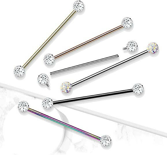 Surgical Steel Internally Threaded With Epoxy Covered Crystal Paved Balls Industrial Barbell Industrial Barbell Impulse Piercings