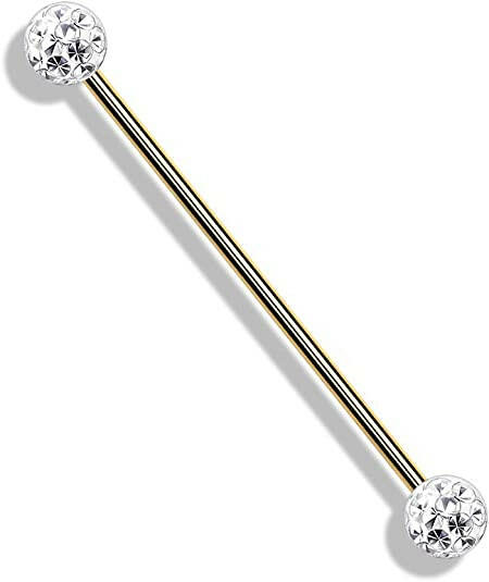 Surgical Steel Internally Threaded With Epoxy Covered Crystal Paved Balls Industrial Barbell Industrial Barbell Impulse Piercings Gold