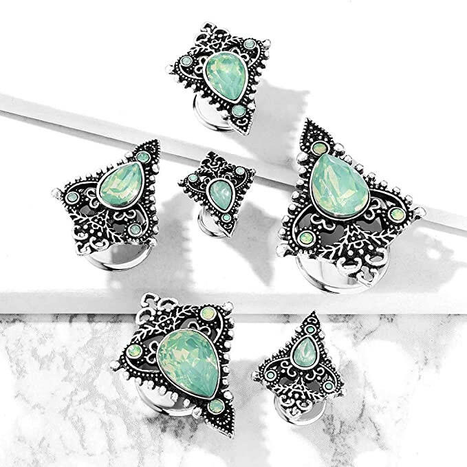 Surgical Steel Jade Green Tear Drop Opalite Stone Set Tribal Shield Front Double Flared Tunnels Plugs Impulse Piercings