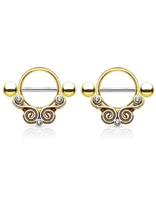 Surgical Steel Lace Swirls with Clear Gems Nipple Shield Rings Nipple Ring Impulse Piercings Gold