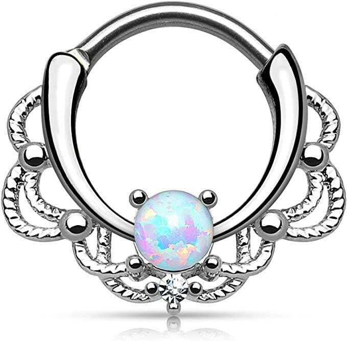 Surgical Steel Lacey Single Opal Septum Clicker Septum Ring Impulse Piercings White