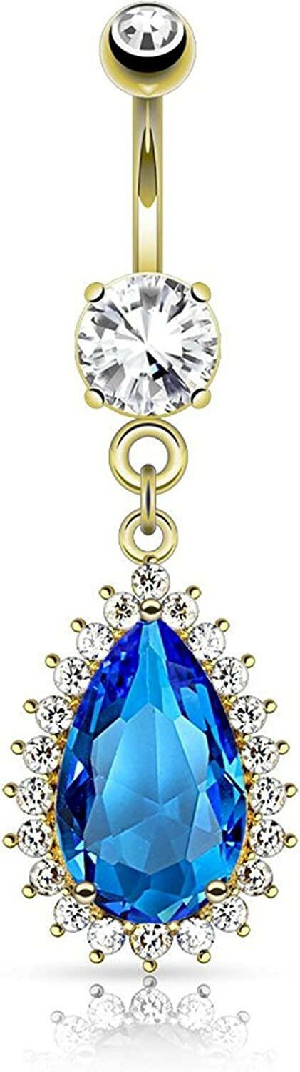 Surgical Steel Large Blue Tear Drop CZ and Clear CZ Trim Dangle Belly Navel Ring Navel Ring Impulse Piercings Gold Plated/Clear/Aqua