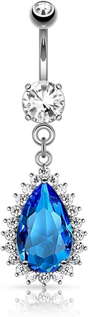 Surgical Steel Large Blue Tear Drop CZ and Clear CZ Trim Dangle Belly Navel Ring Navel Ring Impulse Piercings Aqua