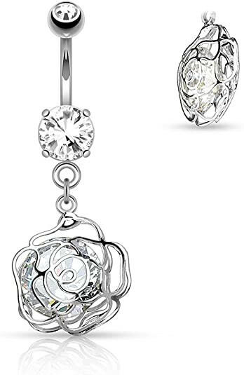 Surgical Steel Large CZ Incased Camellia Flower Dangle Belly Navel Ring Navel Ring Impulse Piercings Clear