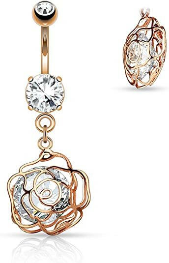 Surgical Steel Large CZ Incased Camellia Flower Dangle Belly Navel Ring Navel Ring Impulse Piercings Rose Gold