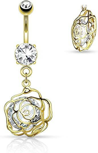 Surgical Steel Large CZ Incased Camellia Flower Dangle Belly Navel Ring Navel Ring Impulse Piercings Gold