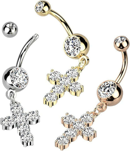 Surgical Steel Large Multi CZ Cross Dangle With Double Jeweled Belly Navel Ring Navel Ring Impulse Piercings